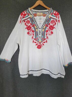 Johnny Was Belvedere White Gauze Floral Embroidered Blouse Tunic  Boho Artsy XL